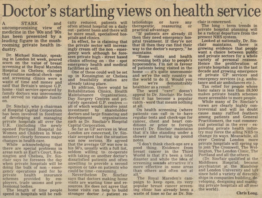 19830715 DR MICHAEL SINCLAIR CONTROVERSIAL VIEWS ON THE NHS CN.jpg